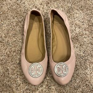 Tory Burch, pale pink ballet flats, sparkly logo, size 8